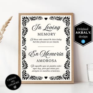 Puede incluir: Una impresión enmarcada con el texto "In Loving Memory" en inglés y español. El diseño presenta un borde floral negro y las palabras "Original AKBALY design". Una pequeña pegatina negra dice "¡Cambia todos los colores!"