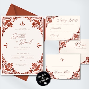 Hochzeitsvorlagenpaket | Moderne, mexikanische, Talavera-inspirierte Hochzeitsbeschilderung, Tischkarte, RSVP, Details | Einfache Canva-Bearbeitung | Sofortiger Download!