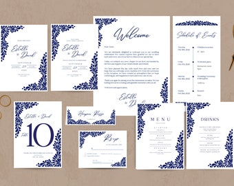 Modèle d'invitation de mariage moderne bleu Talavera n° 3 | Invitation de mariage mexicaine et papeterie complète | Modèle Canva modifiable | Téléchargement instantané