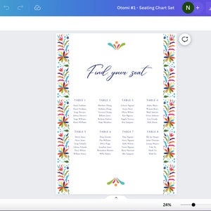 May include: A printable seating chart with a colorful floral border. The chart is titled "Find your seat" and lists tables and guest names.