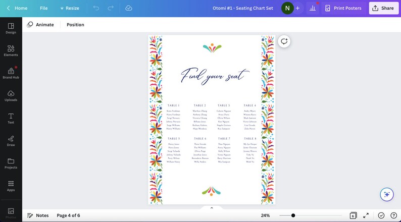 May include: A printable seating chart with a colorful floral border. The chart is titled "Find your seat" and lists tables and guest names.