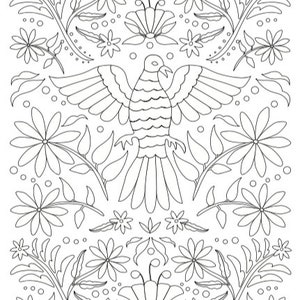 May include: A black and white line drawing of a stylized bird with wings spread, surrounded by floral designs. The bird is in the center of the image, with flowers and leaves surrounding it.