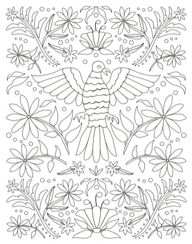May include: A black and white line drawing of a stylized bird with wings spread, surrounded by floral designs. The bird is in the center of the image, with flowers and leaves surrounding it.
