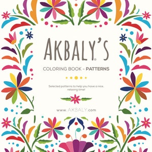 以下が含まれることがあります： カラフルな花の模様が描かれた塗り絵本の表紙。中央に「AKBALY'S COLORING BOOK - PATTERNS」というタイトルが表示されています。タイトルの下には「Selected patterns to help you have a nice, relaxing time!」というテキストがあります。表紙の下部にはウェブサイトのアドレス「www.AKBALY.com」が記載されています。