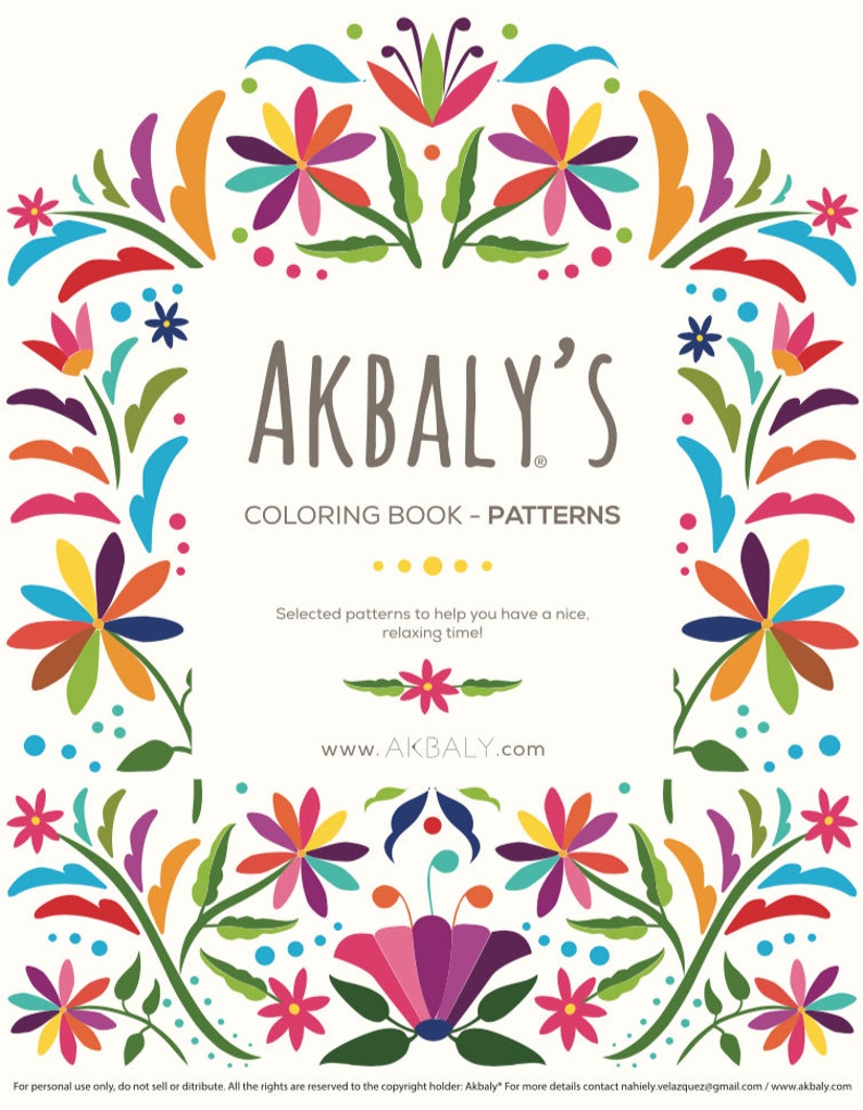 May include: A coloring book cover with a colorful floral design. The title "AKBALY'S COLORING BOOK - PATTERNS" is displayed in the center. The text "Selected patterns to help you have a nice, relaxing time!" is below the title. The website address "www.AKBALY.com" is at the bottom of the cover.