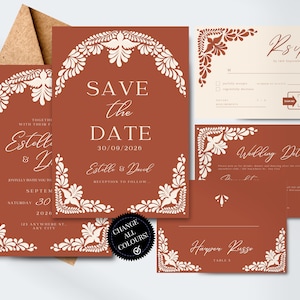 Boho-Hochzeitsvorlagen-Bundle | Moderne mexikanische Talavera-inspirierte Hochzeitsbeschilderung, Tischkarte, RSVP, Details | CanvaEdit | Sofortiger Download!