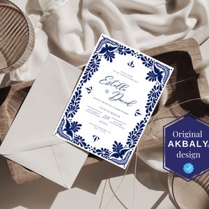 Customizable Mexican Wedding Invitation & Save the Date in Blue Talavera Design. Spanish and English version. DIY in Canva. Instant Download image 3