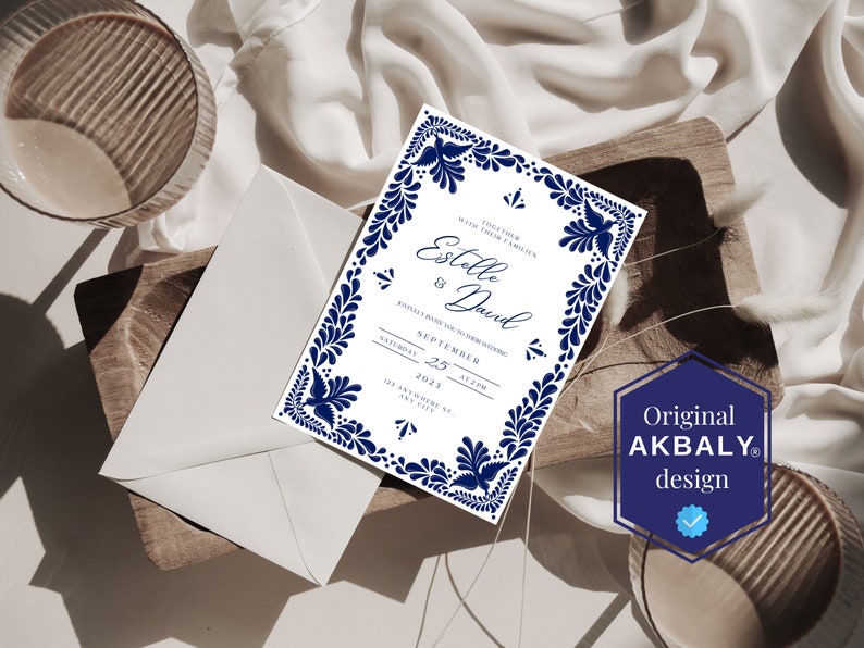 Customizable Mexican Wedding Invitation & Save the Date in Blue Talavera Design. Spanish and English version. DIY in Canva. Instant Download image 3