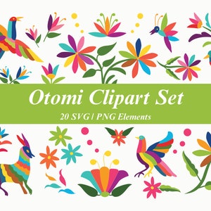 Pacote de clipart mexicano Otomi - conjunto colorido de flores mexicanas SVG PNG. Clipart da Festa Cinco de Mayo. Conjunto Otomi do México. Download instantâneo digital