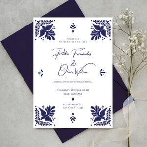 Customizable Mexican Wedding Invitation & Save the Date - Blue Talavera Design #1. Spanish + English version. DIY in Canva. Instant Download