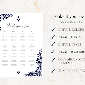 Peut inclure: Un mod&egrave;le de plan de table de mariage imprimable avec un motif floral bleu et blanc. Le mod&egrave;le comprend le texte "Find your seat" et une disposition des tables avec des noms list&eacute;s sous chaque num&eacute;ro de table.