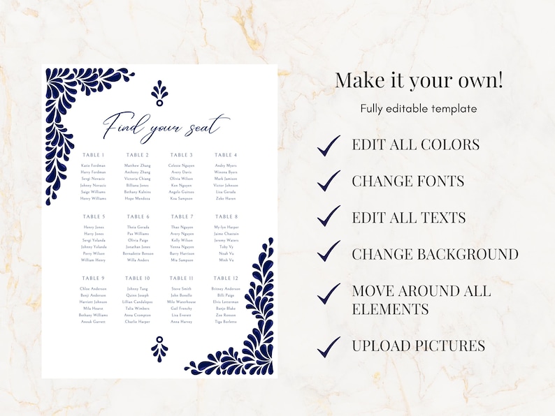 Peut inclure: Un mod&egrave;le de plan de table de mariage imprimable avec un motif floral bleu et blanc. Le mod&egrave;le comprend le texte "Find your seat" et une disposition des tables avec des noms list&eacute;s sous chaque num&eacute;ro de table.