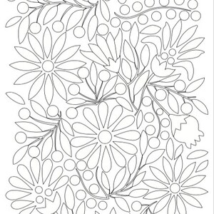 May include: Black and white line drawing of a floral pattern with large flowers and small berries. The design is intricate and detailed, perfect for coloring or using as a stencil.