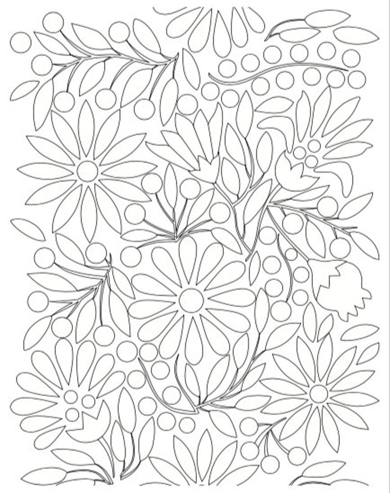 May include: Black and white line drawing of a floral pattern with large flowers and small berries. The design is intricate and detailed, perfect for coloring or using as a stencil.