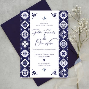 Customizable Mexican Wedding Invitation & Save the Date - Blue Talavera Design #5. Spanish + English version. DIY in Canva. Instant Download