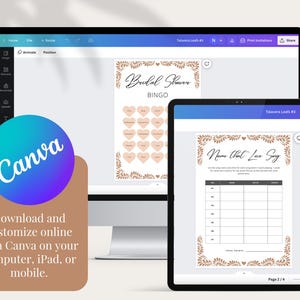 May include: Two digital screens displaying printable bridal shower games. The first screen shows a bridal shower bingo card with hearts and floral accents. The second screen shows a "Name That Love Song" game with a grid for writing down song titles.