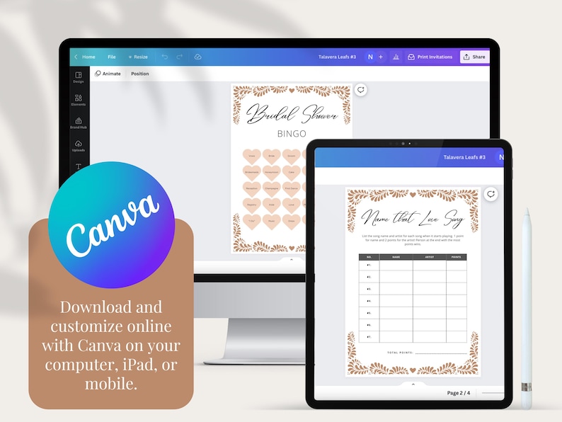May include: Two digital screens displaying printable bridal shower games. The first screen shows a bridal shower bingo card with hearts and floral accents. The second screen shows a "Name That Love Song" game with a grid for writing down song titles.