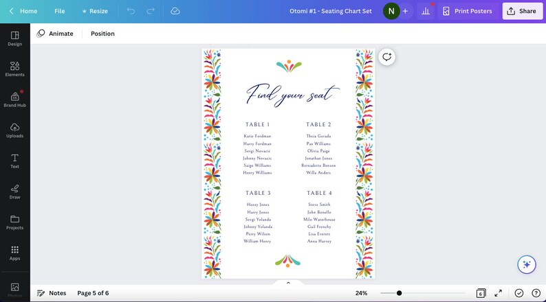 May include: A printable seating chart with a colorful floral border. The chart is titled "Find your seat" and lists guests by table number.
