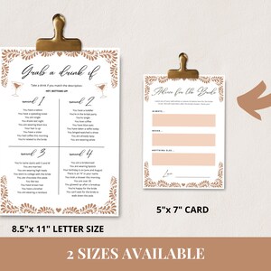 May include: Two printable bridal shower game cards with a brown floral border. The first card is 8.5 inches by 11 inches and has the title "Grab a drink if" with a list of prompts. The second card is 5 inches by 7 inches and has the title "Advice for the Bride" with lines for guests to write their advice.