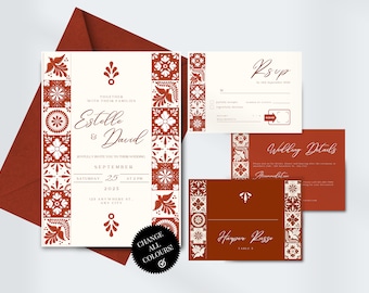 May include: A wedding invitation suite with a terracotta and white color scheme. The invitation features a decorative border of traditional Mexican tiles. The text reads "Together with their families Estelle & David" and includes the wedding date, time, and location. The RSVP card has a matching border and the text "RSVP by 18th September 2025". The wedding details card has a matching border and the text "Wedding Details".