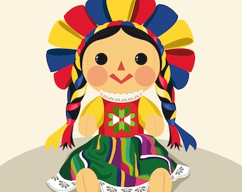 Mexican María Doll Vector - Ideal to print T-shirts, tote bags, mugs and much more!  Digital | ClipArt | SVG | PNG | EPS | Adobe Illustrator