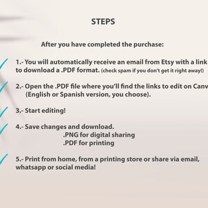 May include: A checklist of five steps for completing a purchase on Etsy. The steps include receiving an email with a link to download a PDF file, opening the PDF file to find links to edit on Canva, starting editing, saving changes and downloading the file in PNG or PDF format, and printing from home, a printing store, or sharing via email, WhatsApp, or social media.