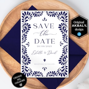 Modelo de reserva de data para casamento em Talavera | Cartão de reserva de data para casamento em Talavera azul | Confetes de casamento | Edição Canva | Download instantâneo!