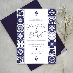 Customizable Mexican Wedding Invitation & Save the Date in Talavera Tile Design. Spanish and English version. DIY in Canva. Instant Download