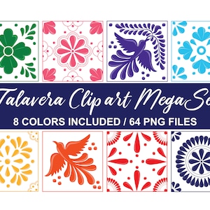 Mexican Talavera Clipart Mega Set - 8 Beautiful Mosaic Designs in 8 Different Colors - 64 Hight Quality PNG. instant download