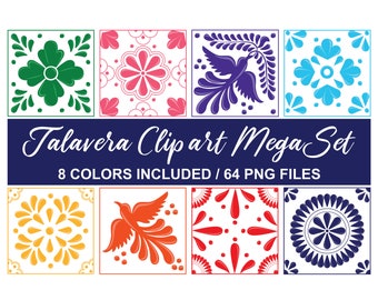Mexican Talavera Clipart Mega Set - 8 Beautiful Mosaic Designs in 8 Different Colors - 64 Hight Quality PNG. INSTANT DOWNLOAD