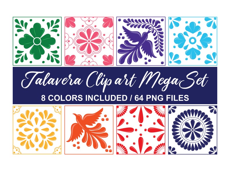 Mexican Talavera Clipart Mega Set 8 Beautiful Mosaic Designs in 8 Different Colors 64 Hight Quality PNG. INSTANT DOWNLOAD image 1