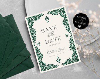 Puede incluir: Una tarjeta de "Save the Date" con un borde floral verde. El texto dice "Save the Date" con la fecha "30/09/2025" y los nombres "Estolle & Daird". El texto "Reception to follow..." está en la parte inferior de la tarjeta.