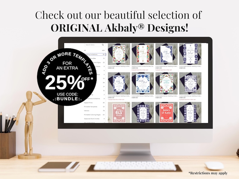 Peut inclure: Un &eacute;cran d'ordinateur affichant un site Web avec une s&eacute;lection de mod&egrave;les d'invitations de mariage imprimables. Le site Web offre une r&eacute;duction de 25% pour les commandes de 3 mod&egrave;les ou plus. Le code de r&eacute;duction est :BUNDLE:. Le texte &agrave; l'&eacute;cran indique "D&eacute;couvrez notre belle s&eacute;lection de designs originaux Akbaly&reg; !"