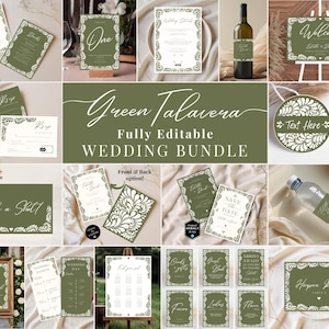 Könnte beinhalten: Ein grünes und weißes Hochzeitskarten-Set mit floralem Design. Das Set beinhaltet Save-the-Date-Karten, RSVP-Karten, Hochzeitseinladungen, Tischkarten und mehr. Der Text "Green Talavera Fully Editable Wedding Bundle" ist auf der mittleren Karte abgebildet.