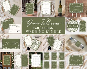 Puede incluir: Un conjunto de invitaciones de boda verde y blanco con un diseño floral. El conjunto incluye tarjetas de guardar la fecha, tarjetas RSVP, invitaciones de boda, tarjetas de mesa y más. El texto "Green Talavera Fully Editable Wedding Bundle" se muestra en la tarjeta central.