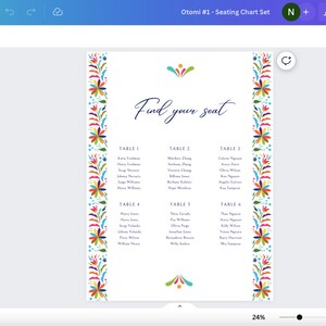 May include: A printable seating chart with a colorful floral border. The chart is titled "Find your seat" and lists tables with guest names.
