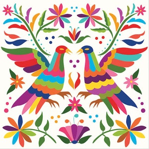 Puede incluir: Dos pájaros coloridos se miran con las alas extendidas, rodeados de flores y hojas vibrantes en un estilo tradicional de arte popular mexicano.