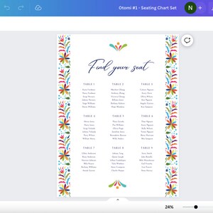 May include: A printable seating chart with a colorful floral border. The chart is titled "Find your seat" and lists tables with guest names.