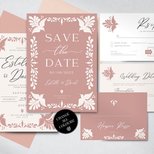Pacote de modelos de casamento | Sinalização de casamento inspirada em Talavera mexicana moderna, cartão de lugar, RSVP, detalhes | Edição fácil do Canva | Download instantâneo!