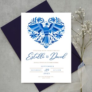 Customizable Mexican Wedding Invitation and Save the Date in Blue Otomi Design. Spanish and English version. DIY on Canva. Instant Download