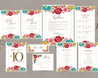 Wedding Template Bundle, Mexican Floral Design #1 | Wedding Sign Templates | Wedding Stationery | Easy to edit with Canva | Instant Download