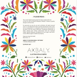 May include: A colorful digital coloring book cover with a floral design. The title "Akbaly's Coloring Book - Patterns" is displayed in black text. The text "Akbaly. Ilustraci&oacute;n & Dise&ntilde;o" is displayed in black text. The text "www.akbaly.com" is displayed in black text.