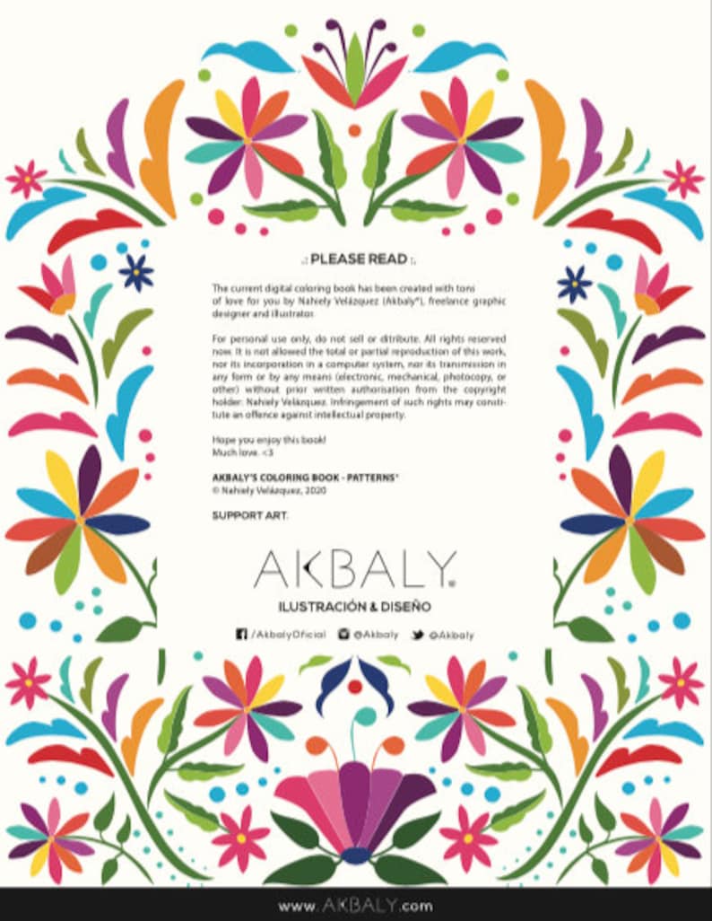 May include: A colorful digital coloring book cover with a floral design. The title "Akbaly's Coloring Book - Patterns" is displayed in black text. The text "Akbaly. Ilustraci&oacute;n & Dise&ntilde;o" is displayed in black text. The text "www.akbaly.com" is displayed in black text.