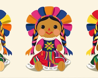 Mexikanisches Puppen-Vektor-Set – Ideal zum Bedrucken von T-Shirts, Tragetaschen, Tassen und mehr! | ClipArt | SVG-Datei | PNG | EPS | Adobe Illustrator | Bearbeitbare Datei