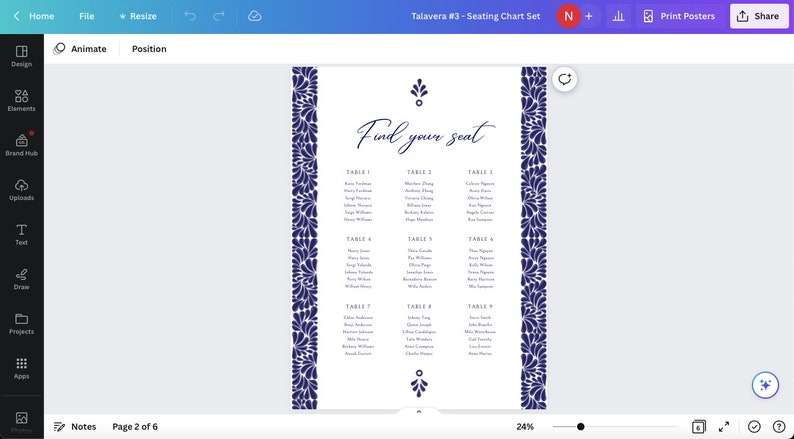 May include: A printable seating chart with a blue floral border and the text "Find your seat". The chart lists tables and guest names.