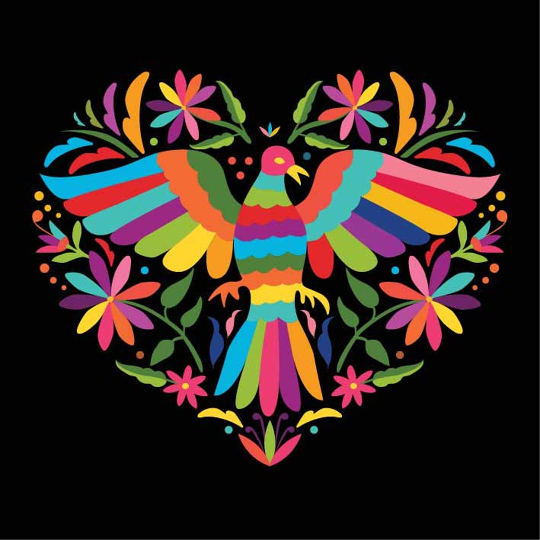 Mexican Otomí Heart Design black Background Digital Files Clipart SVG