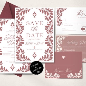 Puede incluir: Un conjunto de papelería de boda en blanco y malva. El conjunto incluye una tarjeta "Save the Date", una tarjeta RSVP, una tarjeta de detalles de boda y una tarjeta de nombre. El diseño floral enmarca el texto.