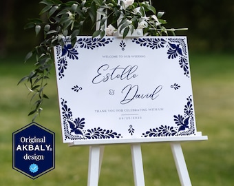 Wedding Welcome Sign Template - Blue Talavera #3 - Wedding Invite Suite. Fully editable sign Template. Simple Canva Edit. Instant Download!