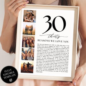 30 Reasons We Love You Photo Collage Poster Template | 30th Birthday Printable Gift for Him or Her | 30th Birthday Custom Gift | CanvaEdit!