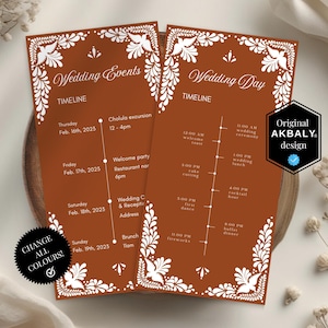 Puede incluir: Dos tarjetas de línea de tiempo de boda de color terracota con diseños florales y de pájaros blancos. Las tarjetas muestran los detalles del evento, incluidas las fechas, horas y lugares. El texto incluye "Wedding Events", "Wedding Day" y "Timeline."